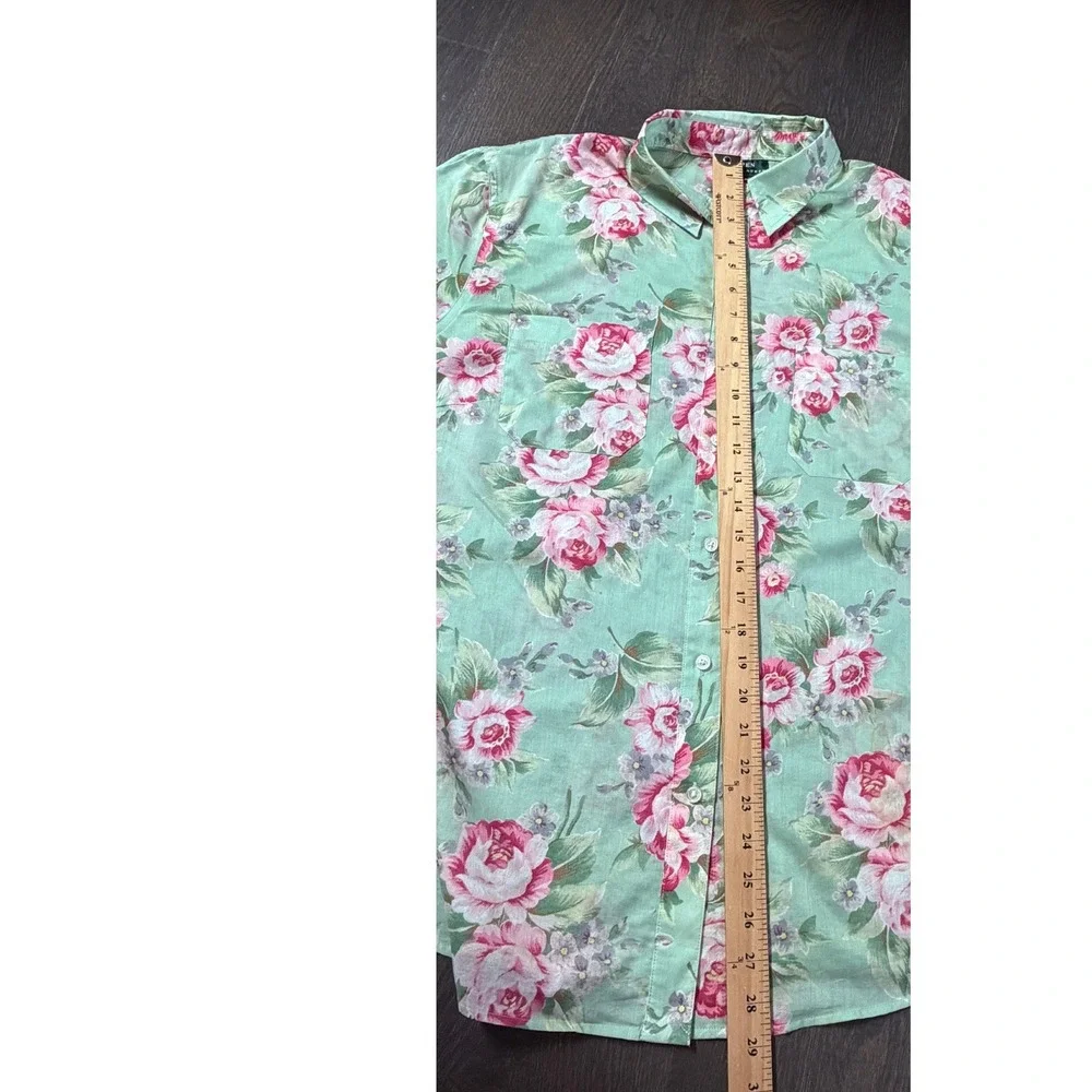 Lauren Ralph Lauren Women 1X Sage Green Pink Rose Floral Cotton Shirt Cottage - Picture 5 of 5